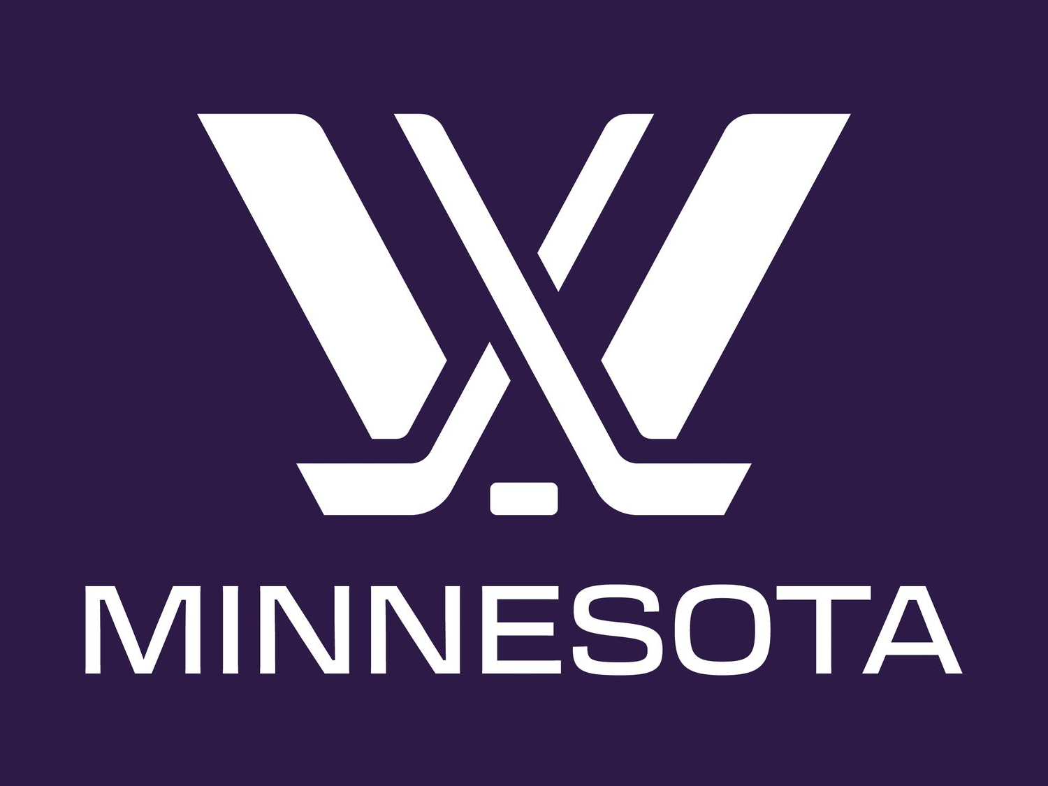 A purple background with Minnesota written in white underneath the PWHL logo of a stylized W made with crossed hockey sticks in white