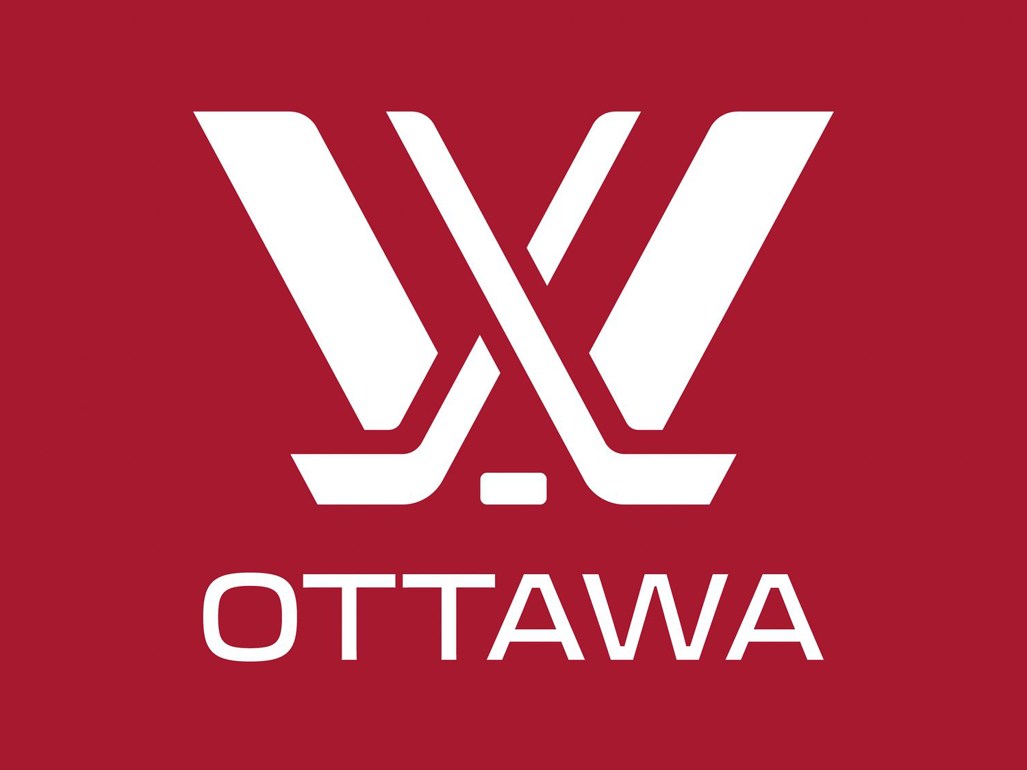 A red background with Ottawa written in white underneath the PWHL logo of a stylized W made with crossed hockey sticks in white