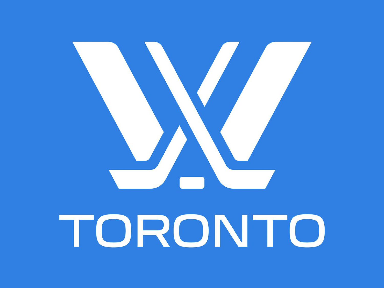 A blue background with Toronto written in white underneath the PWHL logo of a stylized W made with crossed hockey sticks in white