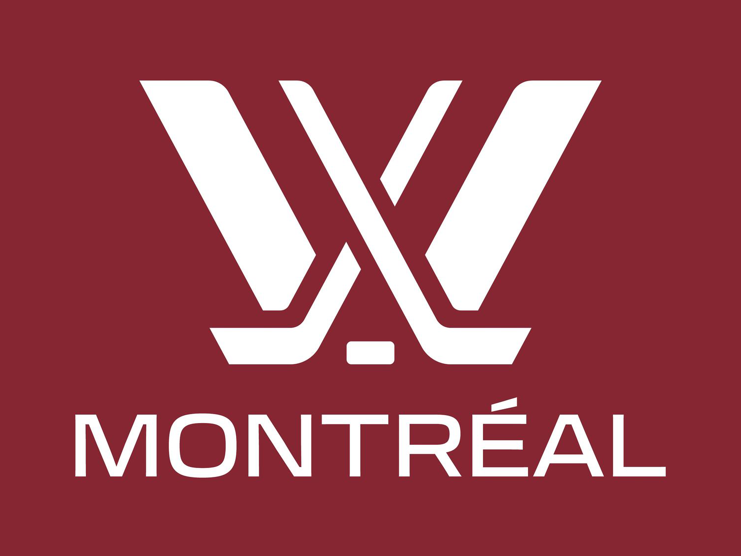 A burgundy background with Montréal written in white underneath the PWHL logo of a stylized W made with crossed hockey sticks in white